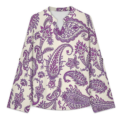 Stand-up Collar Long-sleeved Shirt Paisley  Customization Women’s V-Neck Blouses,long Sleeve,Roll-Up Sleeve Shirt