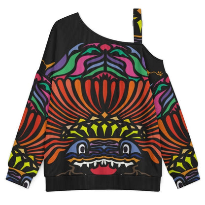 Off-the-shoulder Sweater Abstract Animal Pattern  Asymmetric Cold Shoulder Knit Sweater for Women, Adjustable Buckle Strap Long Sleeve Casual Slouchy Pullover