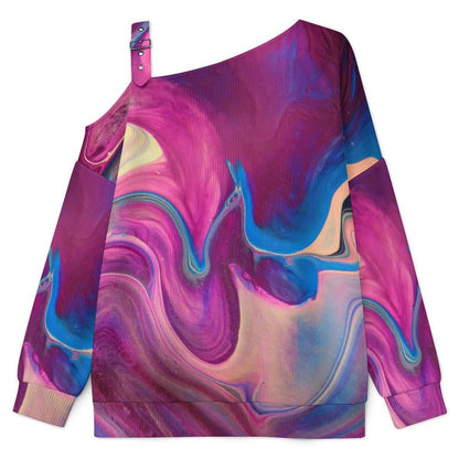 Off-the-shoulder Sweater Color Shading, Pattern, Abstract  Asymmetric Cold Shoulder Knit Sweater for Women, Adjustable Buckle Strap Long Sleeve Casual Slouchy Pullover