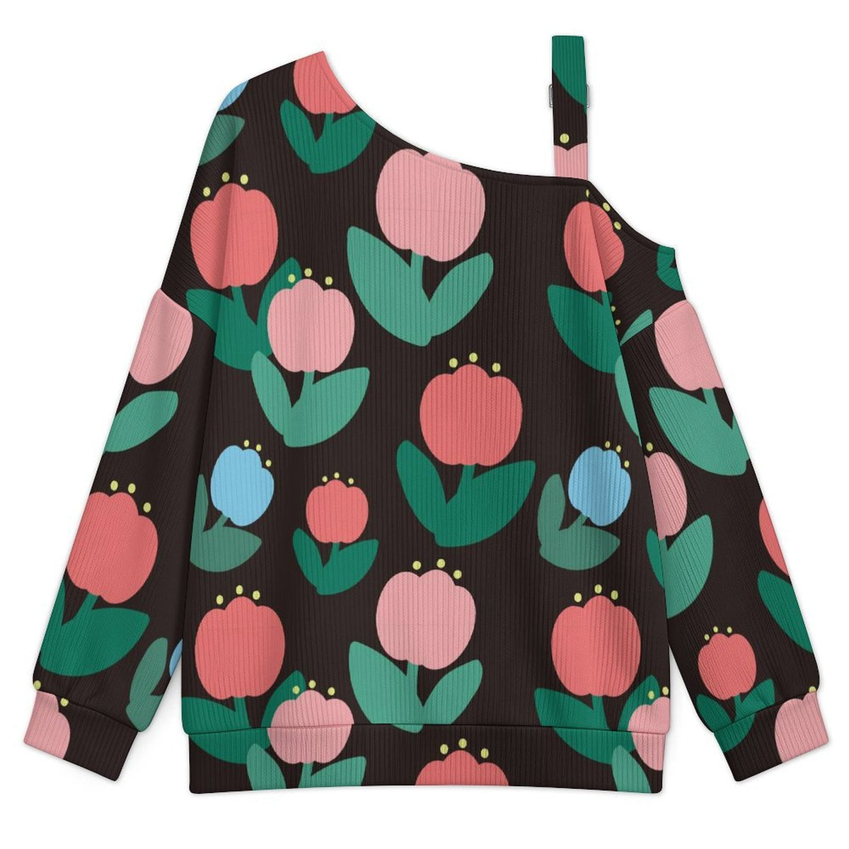 Off-the-shoulder Sweater Tulip-flower-pattern-black  Asymmetric Cold Shoulder Knit Sweater for Women, Adjustable Buckle Strap Long Sleeve Casual Slouchy Pullover
