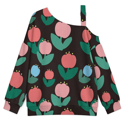 Off-the-shoulder Sweater Tulip-flower-pattern-black  Asymmetric Cold Shoulder Knit Sweater for Women, Adjustable Buckle Strap Long Sleeve Casual Slouchy Pullover
