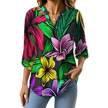 Stand-up Collar Long-sleeved Shirt Colorful Flowers  Customization Women’s V-Neck Blouses,long Sleeve,Roll-Up Sleeve Shirt