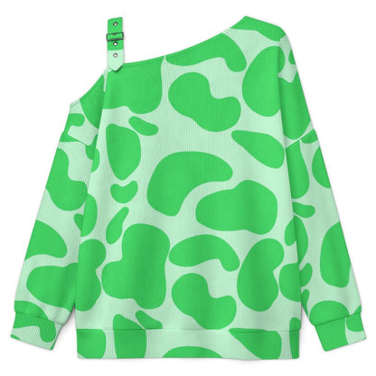 Off-the-shoulder Sweater Pattern-Cow-green-Repeat  Asymmetric Cold Shoulder Knit Sweater for Women, Adjustable Buckle Strap Long Sleeve Casual Slouchy Pullover