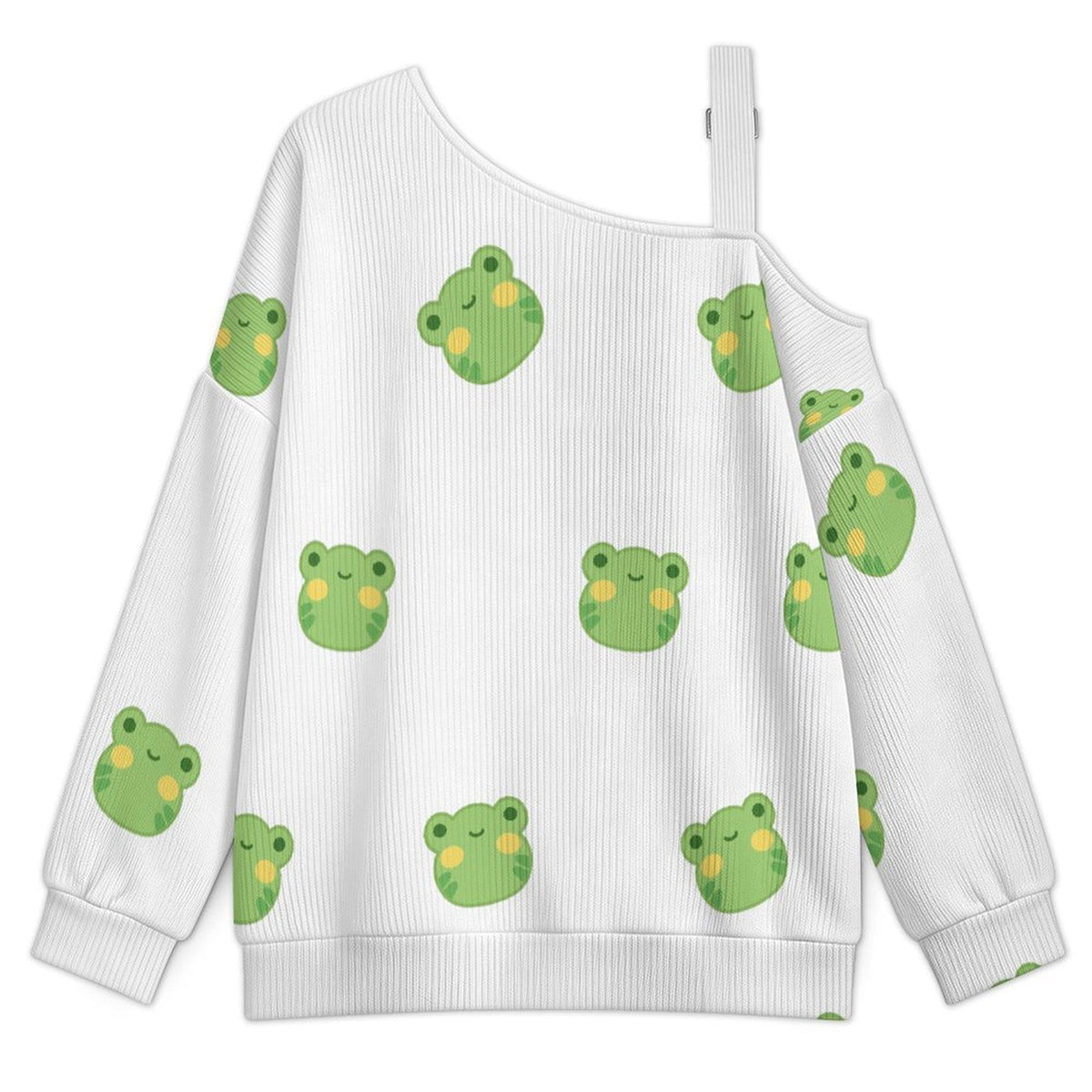 Off-the-shoulder Sweater Little Frog  Asymmetric Cold Shoulder Knit Sweater for Women, Adjustable Buckle Strap Long Sleeve Casual Slouchy Pullover