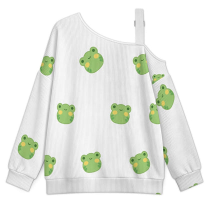 Off-the-shoulder Sweater Little Frog  Asymmetric Cold Shoulder Knit Sweater for Women, Adjustable Buckle Strap Long Sleeve Casual Slouchy Pullover