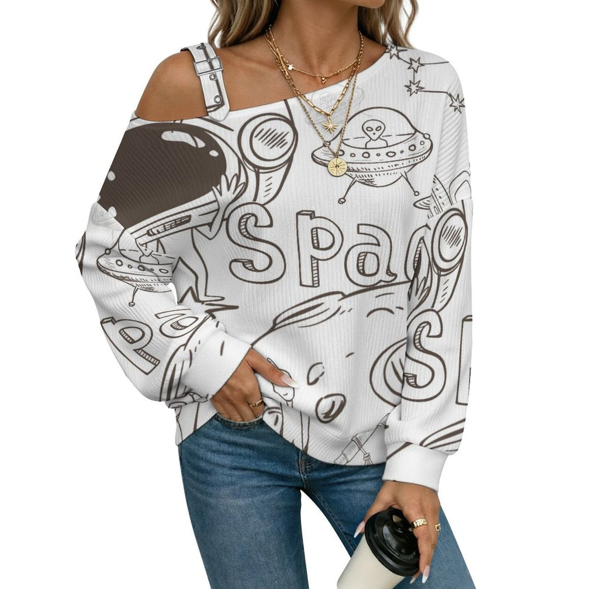 Off-the-shoulder Sweater Simple Sketch, Outer Space, Aliens, Little Monsters  Asymmetric Cold Shoulder Knit Sweater for Women, Adjustable Buckle Strap Long Sleeve Casual Slouchy Pullover