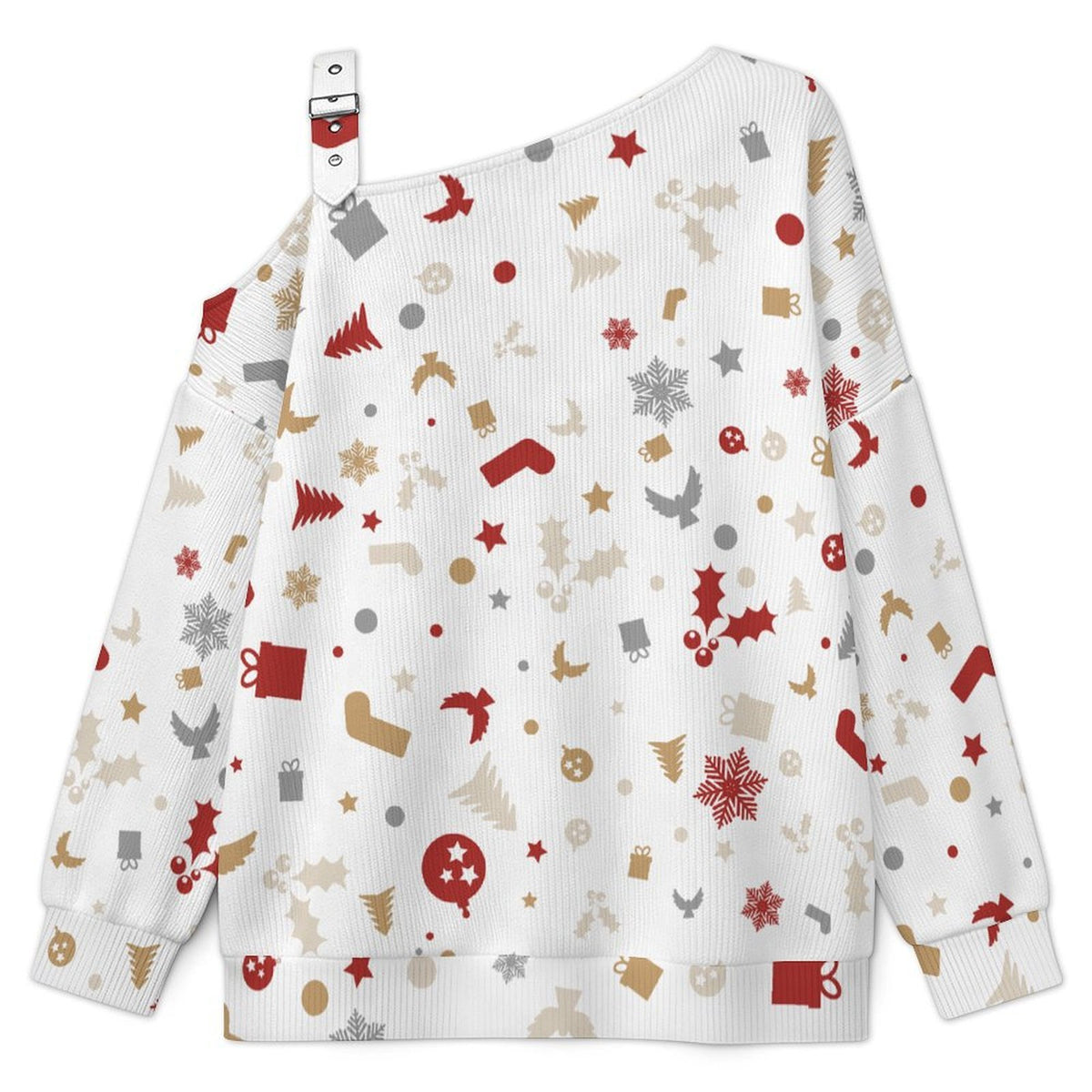 Off-the-shoulder Sweater Christmas-tile-repeat-red-white-yellow-gray-snowflake-Christmas Tree  Asymmetric Cold Shoulder Knit Sweater for Women, Adjustable Buckle Strap Long Sleeve Casual Slouchy Pullo
