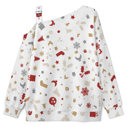 Off-the-shoulder Sweater Christmas-tile-repeat-red-white-yellow-gray-snowflake-Christmas Tree  Asymmetric Cold Shoulder Knit Sweater for Women, Adjustable Buckle Strap Long Sleeve Casual Slouchy Pullo