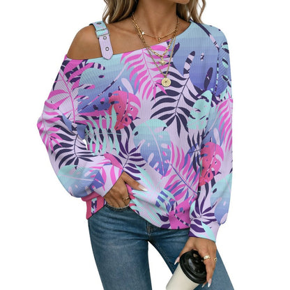 Off-the-shoulder Sweater Tile Pattern-Leaf-Purple-Pink-orange  Asymmetric Cold Shoulder Knit Sweater for Women, Adjustable Buckle Strap Long Sleeve Casual Slouchy Pullover