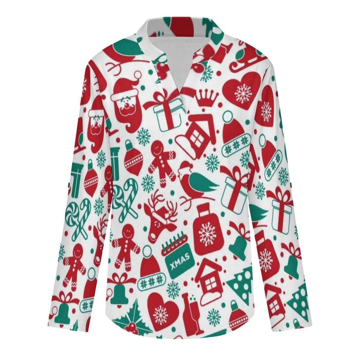 Stand-up Collar Long-sleeved Shirt Christmas Pattern  Customization Women’s V-Neck Blouses,long Sleeve,Roll-Up Sleeve Shirt