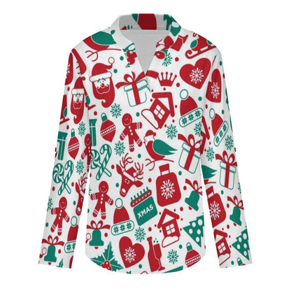 Stand-up Collar Long-sleeved Shirt Christmas Pattern  Customization Women’s V-Neck Blouses,long Sleeve,Roll-Up Sleeve Shirt