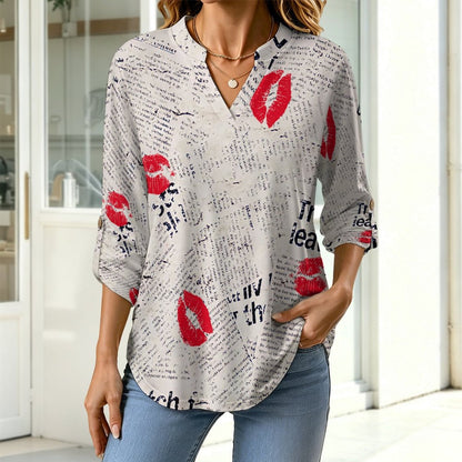 Stand-up Collar Long-sleeved Shirt Newspaper Red Lip Print Blue Letters  Customization Women’s V-Neck Blouses,long Sleeve,Roll-Up Sleeve Shirt