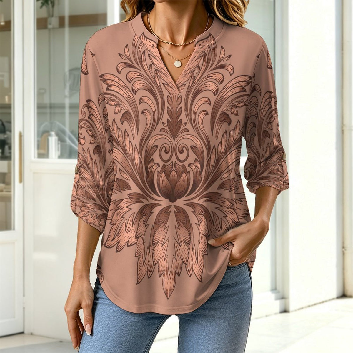 Stand-up Collar Long-sleeved Shirt Red, Retro Pattern  Customization Women’s V-Neck Blouses,long Sleeve,Roll-Up Sleeve Shirt