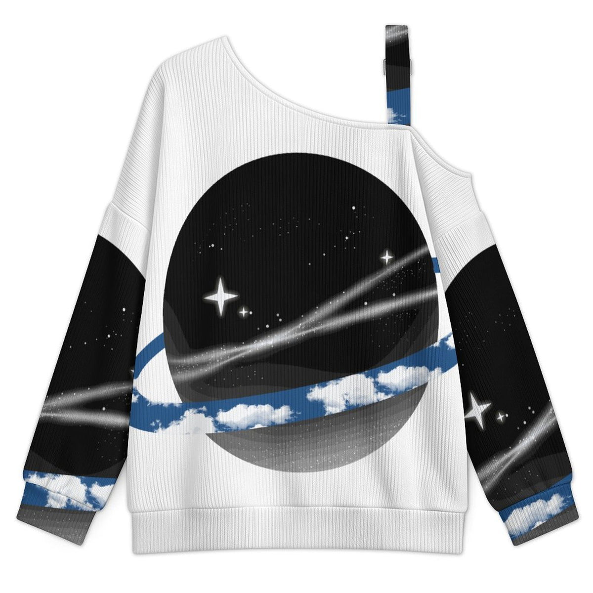 Off-the-shoulder Sweater Planet-cloud-starry Sky-blue-black  Asymmetric Cold Shoulder Knit Sweater for Women, Adjustable Buckle Strap Long Sleeve Casual Slouchy Pullover
