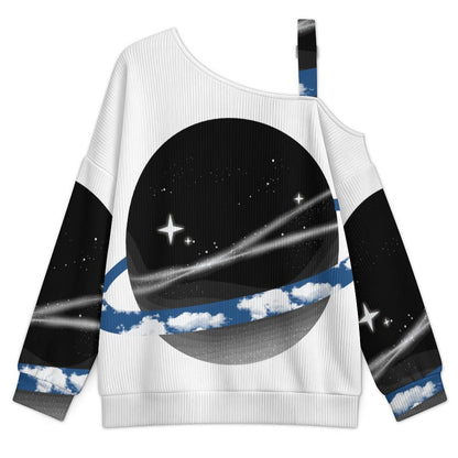 Off-the-shoulder Sweater Planet-cloud-starry Sky-blue-black  Asymmetric Cold Shoulder Knit Sweater for Women, Adjustable Buckle Strap Long Sleeve Casual Slouchy Pullover