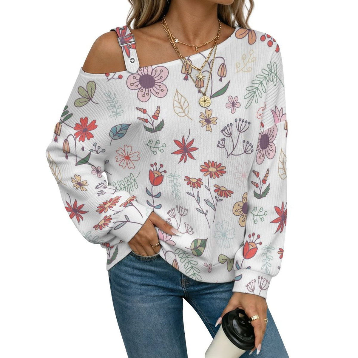Women’s Off-Shoulder Knit Sweater Flowers