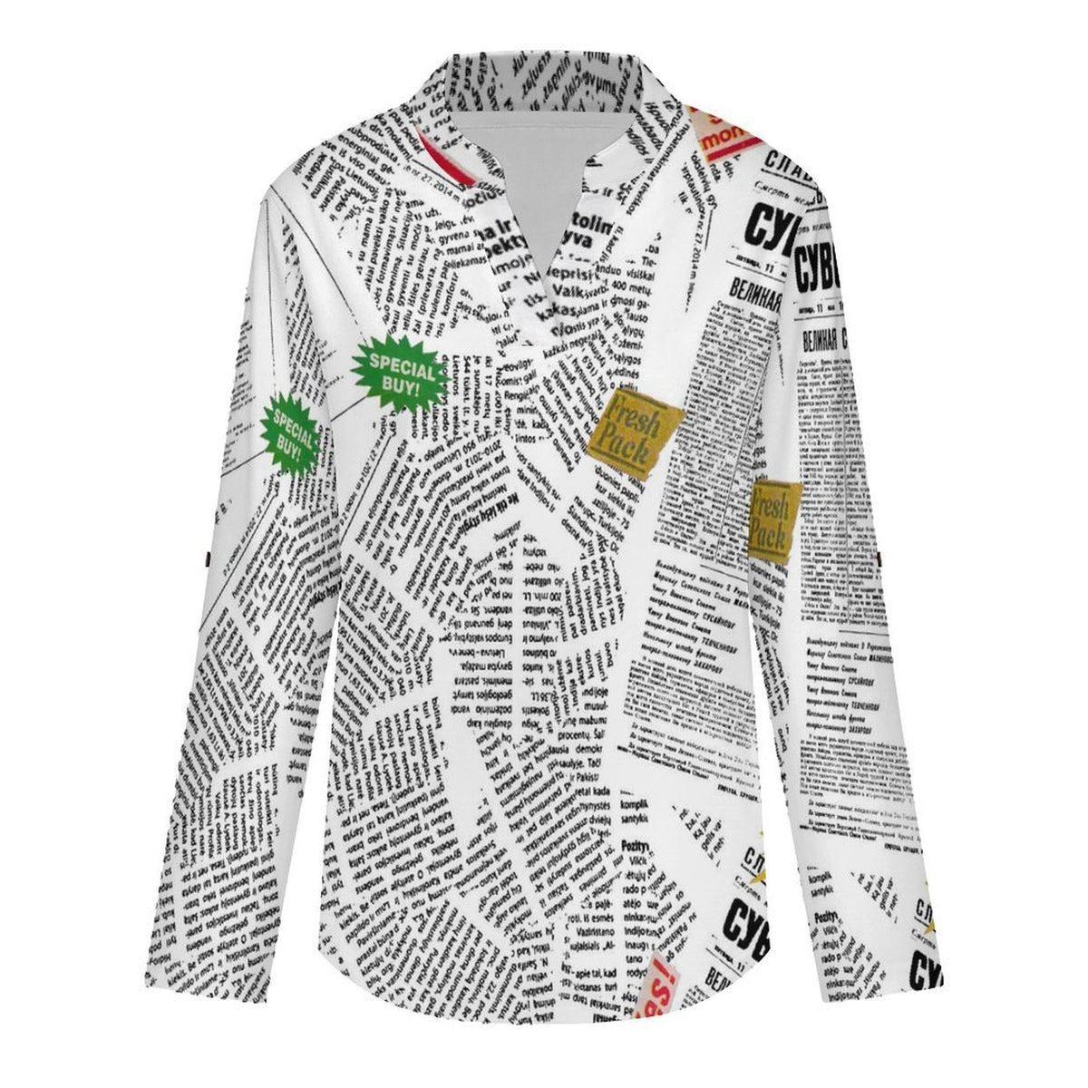 Stand-up Collar Long-sleeved Shirt Newspaper  Customization Women’s V-Neck Blouses,long Sleeve,Roll-Up Sleeve Shirt