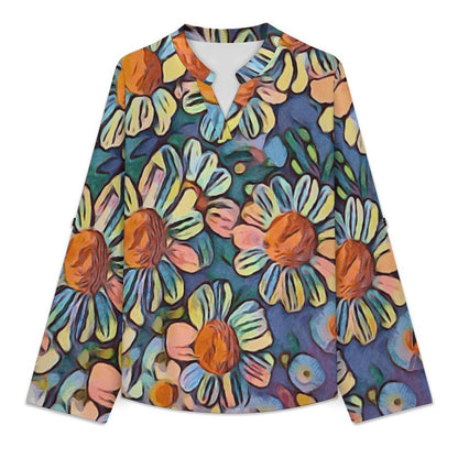 Stand-up Collar Long-sleeved Shirt Oil Painting, Flowers, Sunflowers  Customization Women’s V-Neck Blouses,long Sleeve,Roll-Up Sleeve Shirt