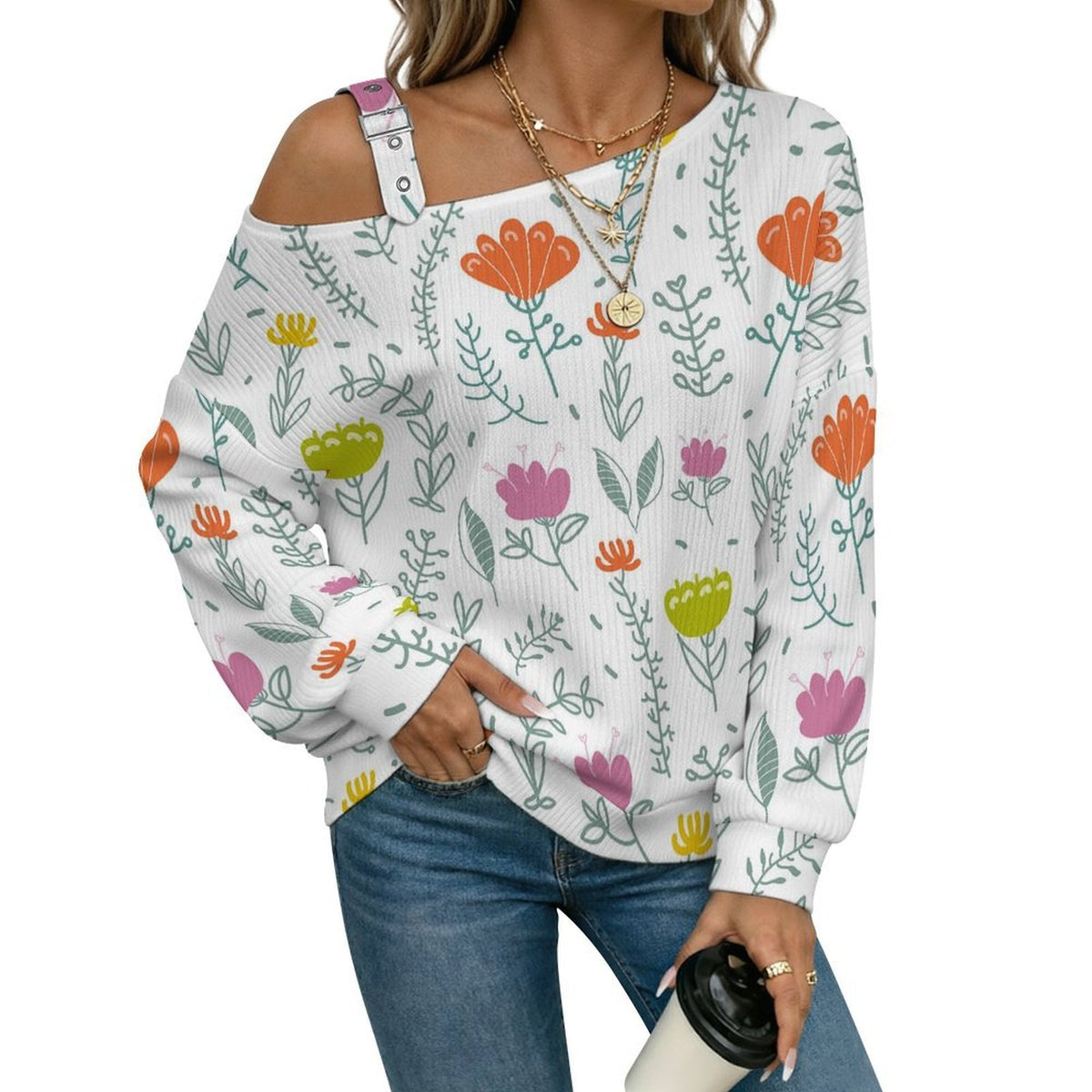 Off-the-shoulder Sweater Floral Pattern  Asymmetric Cold Shoulder Knit Sweater for Women, Adjustable Buckle Strap Long Sleeve Casual Slouchy Pullover