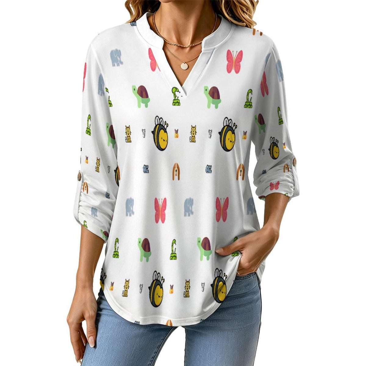 Versatile Notched V-Neck Tunic  Roll Tab 3/4 Sleeve Office Casual Top  Animal, Bee, Cartoon