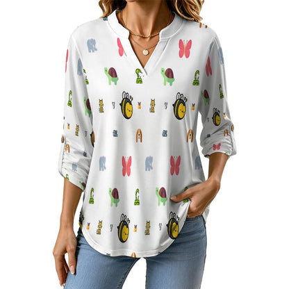 Versatile Notched V-Neck Tunic  Roll Tab 3/4 Sleeve Office Casual Top  Animal, Bee, Cartoon