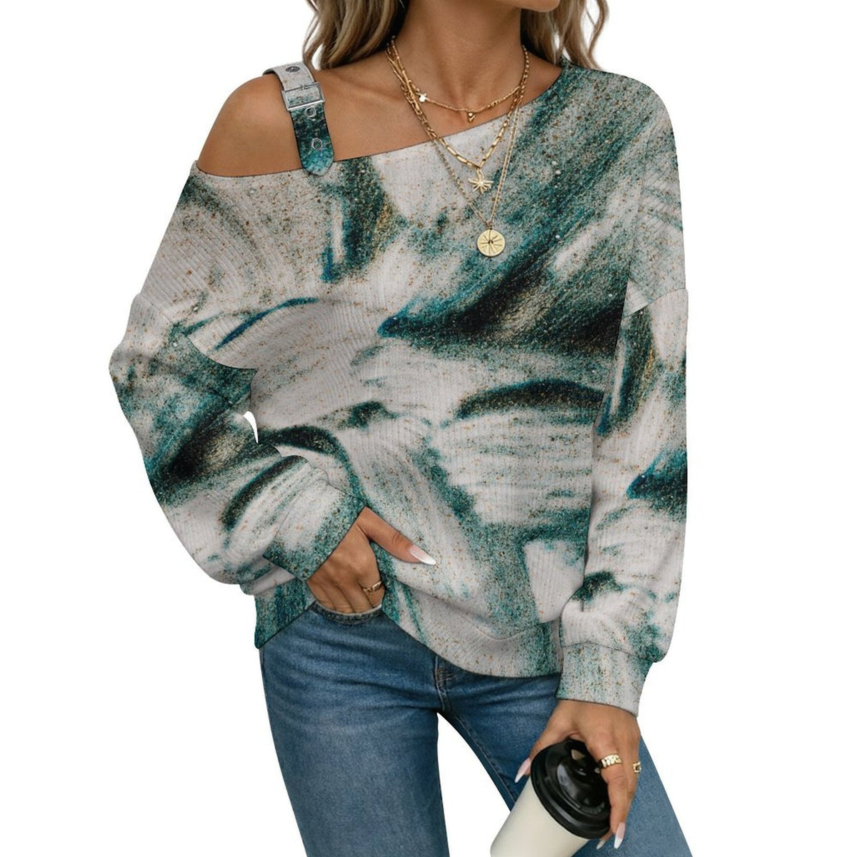 Off-the-shoulder Sweater Pattern  Asymmetric Cold Shoulder Knit Sweater for Women, Adjustable Buckle Strap Long Sleeve Casual Slouchy Pullover