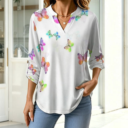 Stand-up Collar Long-sleeved Shirt Watercolor Painting, Colored Butterfly  Customization Women’s V-Neck Blouses,long Sleeve,Roll-Up Sleeve Shirt