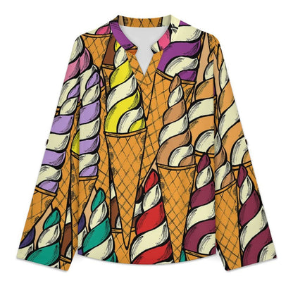 Stand-up Collar Long-sleeved Shirt Colorful Ice Cream Pattern  Customization Women’s V-Neck Blouses,long Sleeve,Roll-Up Sleeve Shirt