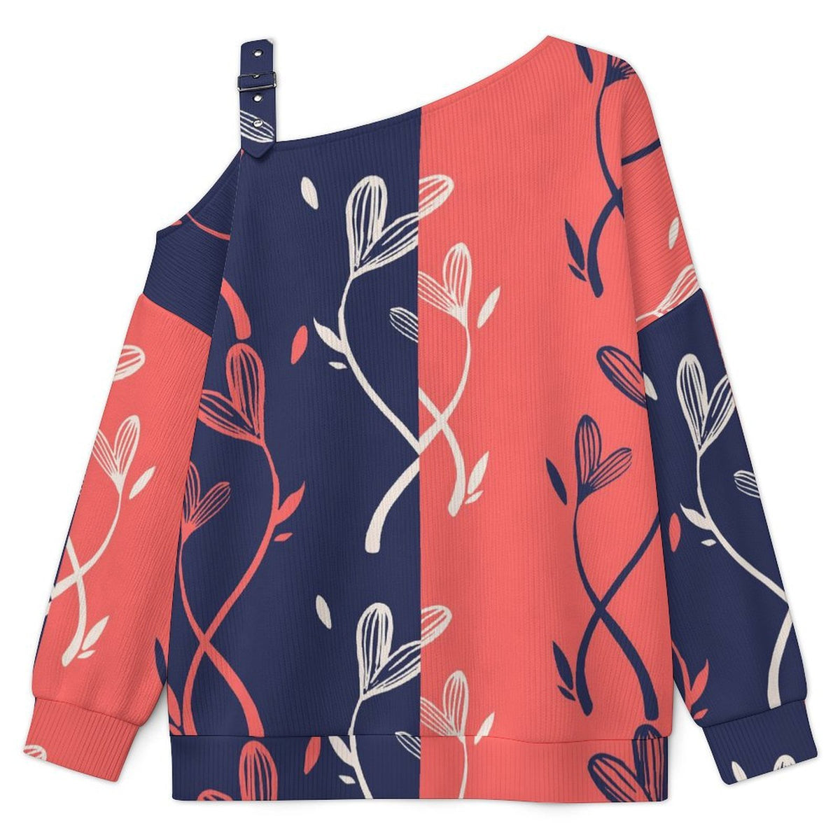 Off-the-shoulder Sweater Contrast, Pattern Design,flower  Asymmetric Cold Shoulder Knit Sweater for Women, Adjustable Buckle Strap Long Sleeve Casual Slouchy Pullover