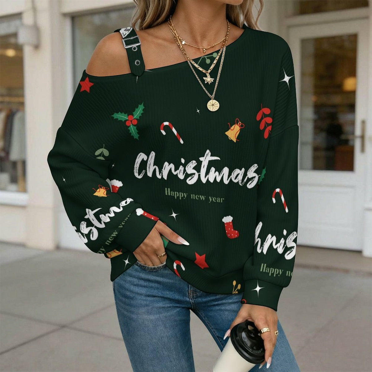 Off-the-shoulder Sweater Christmas Slogn  Asymmetric Cold Shoulder Knit Sweater for Women, Adjustable Buckle Strap Long Sleeve Casual Slouchy Pullover