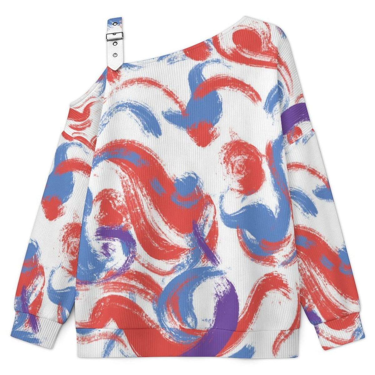 Off-the-shoulder Sweater Corlorful Abstract Painting  Asymmetric Cold Shoulder Knit Sweater for Women, Adjustable Buckle Strap Long Sleeve Casual Slouchy Pullover