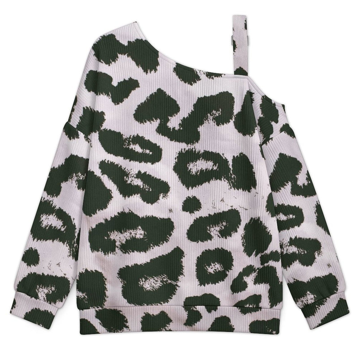 Off-the-shoulder Sweater Black And White Leopard Print  Asymmetric Cold Shoulder Knit Sweater for Women, Adjustable Buckle Strap Long Sleeve Casual Slouchy Pullover