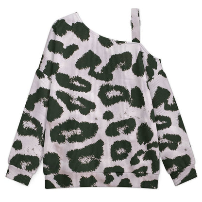 Off-the-shoulder Sweater Black And White Leopard Print  Asymmetric Cold Shoulder Knit Sweater for Women, Adjustable Buckle Strap Long Sleeve Casual Slouchy Pullover