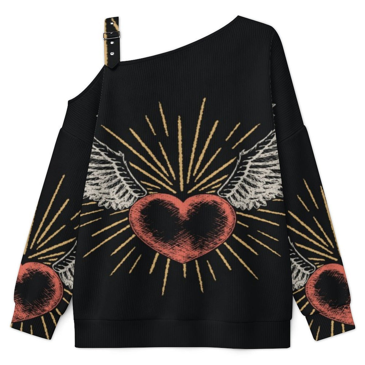 Off-the-shoulder Sweater Wing Heart  Asymmetric Cold Shoulder Knit Sweater for Women, Adjustable Buckle Strap Long Sleeve Casual Slouchy Pullover