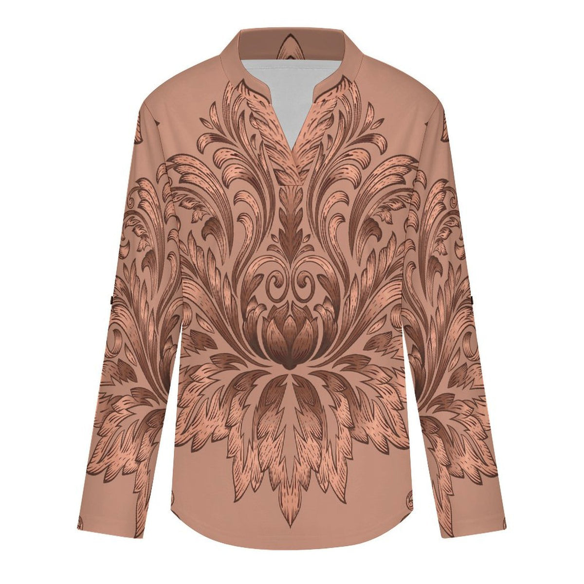 Stand-up Collar Long-sleeved Shirt Red, Retro Pattern  Customization Women’s V-Neck Blouses,long Sleeve,Roll-Up Sleeve Shirt