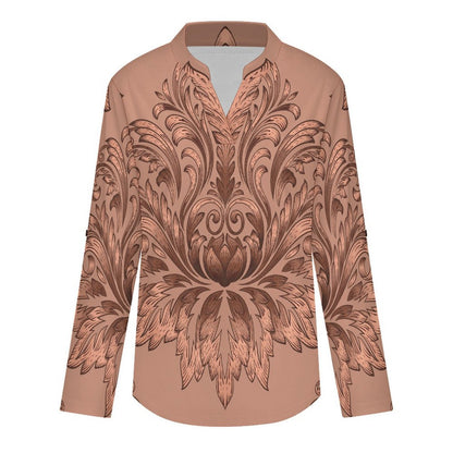 Stand-up Collar Long-sleeved Shirt Red, Retro Pattern  Customization Women’s V-Neck Blouses,long Sleeve,Roll-Up Sleeve Shirt