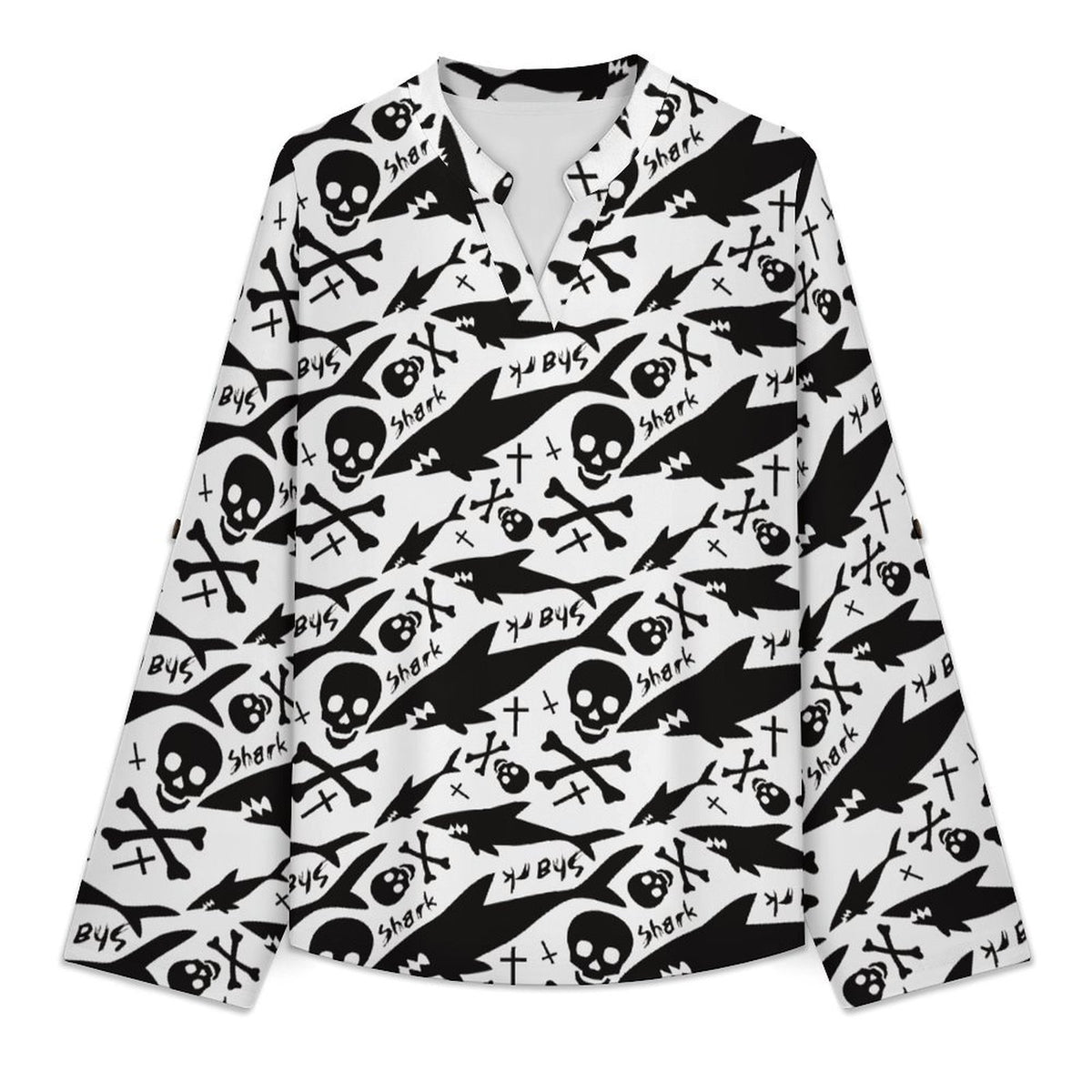 Women's Notched V Neck Tunic Tops, Roll Up 3/4 Sleeve Button Cuff Casual Blouse, Hem Loose Work Shirts  Shark - Skull - Bone - Repeat Pattern - Black And White