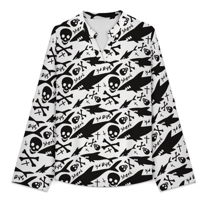 Women's Notched V Neck Tunic Tops, Roll Up 3/4 Sleeve Button Cuff Casual Blouse, Hem Loose Work Shirts  Shark - Skull - Bone - Repeat Pattern - Black And White