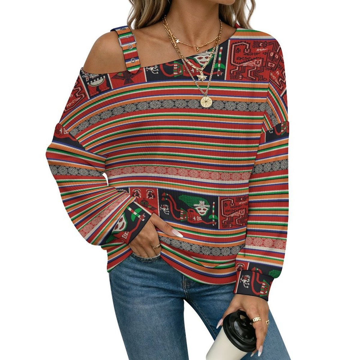 Off-the-shoulder Sweater Pattern  Asymmetric Cold Shoulder Knit Sweater for Women, Adjustable Buckle Strap Long Sleeve Casual Slouchy Pullover