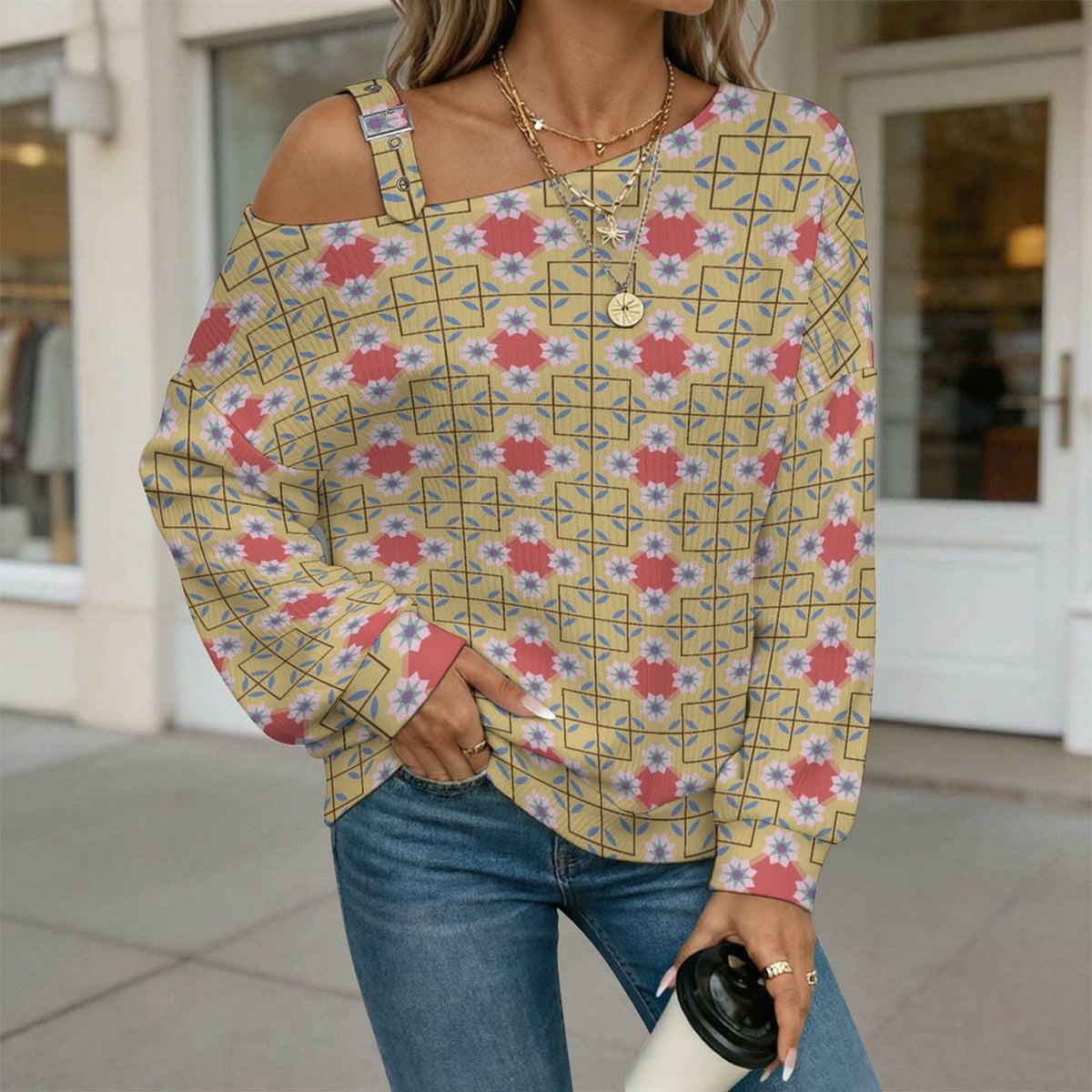 Off-the-shoulder Sweater European Retro Pattern  Asymmetric Cold Shoulder Knit Sweater for Women, Adjustable Buckle Strap Long Sleeve Casual Slouchy Pullover