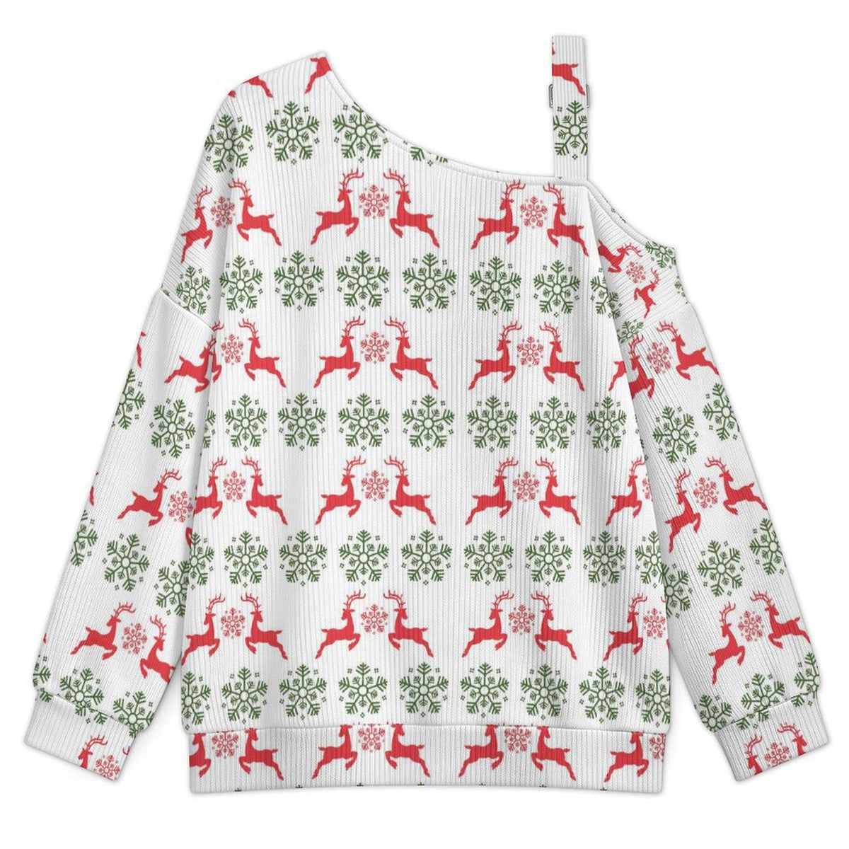 Off-the-shoulder Sweater Christmas-snowflake-reindeer-red-green-tiled-repeat  Asymmetric Cold Shoulder Knit Sweater for Women, Adjustable Buckle Strap Long Sleeve Casual Slouchy Pullover
