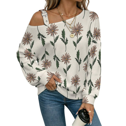 Adjustable Buckle Strap Long Sleeve Casual Slouchy PulloverOctopus Love PatternOff-the-shoulder Sweater