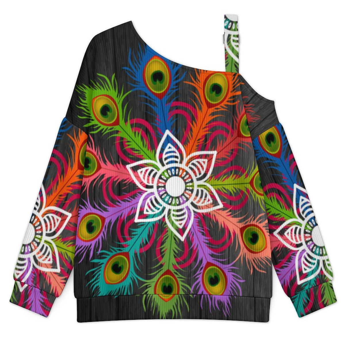 Off-the-shoulder Sweater Peacock Feather  Asymmetric Cold Shoulder Knit Sweater for Women, Adjustable Buckle Strap Long Sleeve Casual Slouchy Pullover
