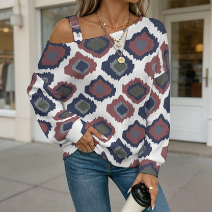 Off-the-shoulder Sweater Pattern  Asymmetric Cold Shoulder Knit Sweater for Women, Adjustable Buckle Strap Long Sleeve Casual Slouchy Pullover