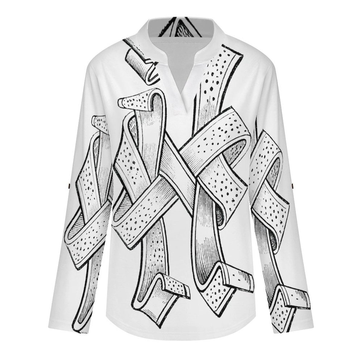 Stand-up Collar Long-sleeved Shirt Winding, Crossing  Customization Women’s V-Neck Blouses,long Sleeve,Roll-Up Sleeve Shirt