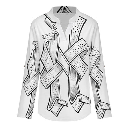 Stand-up Collar Long-sleeved Shirt Winding, Crossing  Customization Women’s V-Neck Blouses,long Sleeve,Roll-Up Sleeve Shirt