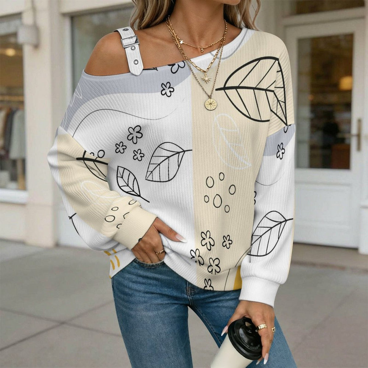 Off-the-shoulder Sweater Line Design, Flowers  Asymmetric Cold Shoulder Knit Sweater for Women, Adjustable Buckle Strap Long Sleeve Casual Slouchy Pullover