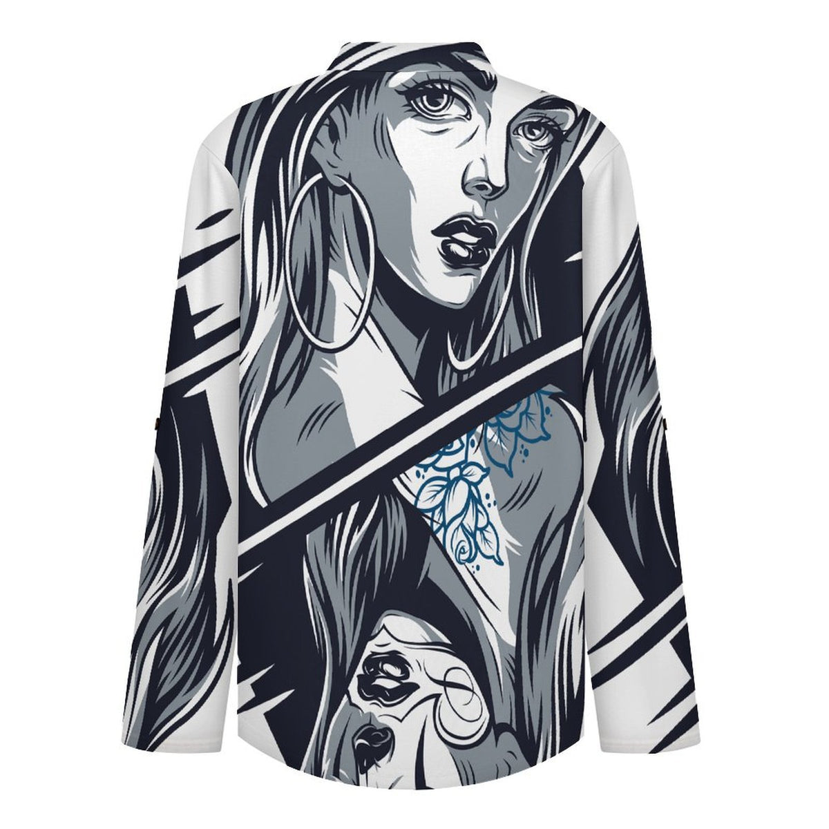 Stand-up Collar Long-sleeved Shirt Skeleton, Queen, Up And Down  Customization Women’s V-Neck Blouses,long Sleeve,Roll-Up Sleeve Shirt
