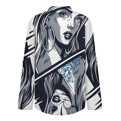 Stand-up Collar Long-sleeved Shirt Skeleton, Queen, Up And Down  Customization Women’s V-Neck Blouses,long Sleeve,Roll-Up Sleeve Shirt