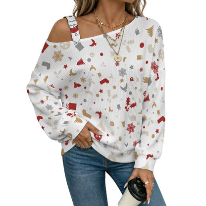 Off-the-shoulder Sweater Christmas-tile-repeat-red-white-yellow-gray-snowflake-Christmas Tree  Asymmetric Cold Shoulder Knit Sweater for Women, Adjustable Buckle Strap Long Sleeve Casual Slouchy Pullo
